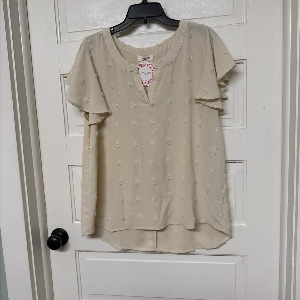Umgee Cream Flutter Sleeve V‑Neck Blouse with Embroidered Dots